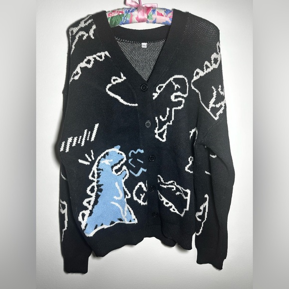 Cute Kawaii Cartoon Dinosaur Print Long Sleeve Loose Knitted Cardigan w Buttons - Picture 7 of 11